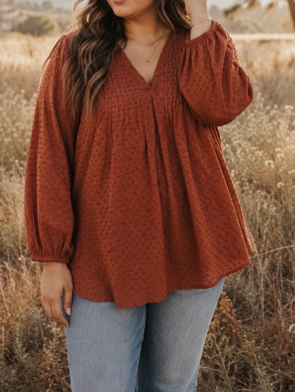 Old Navy Plus Size 100% Cotton Rust Textured V-Neck Pintuck Tunic Blouse Boho